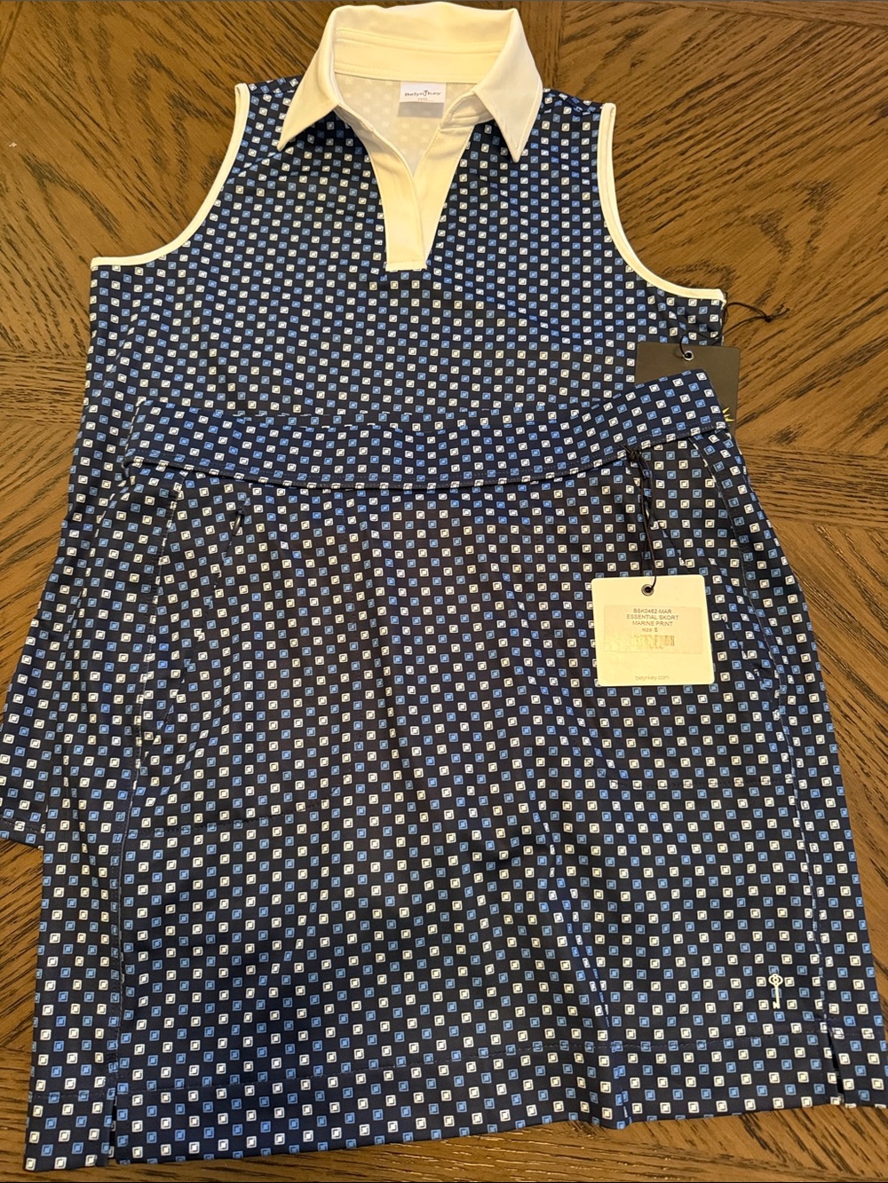 Belyn Key Navy Blue and White Patterned Polo Skort and matching Top